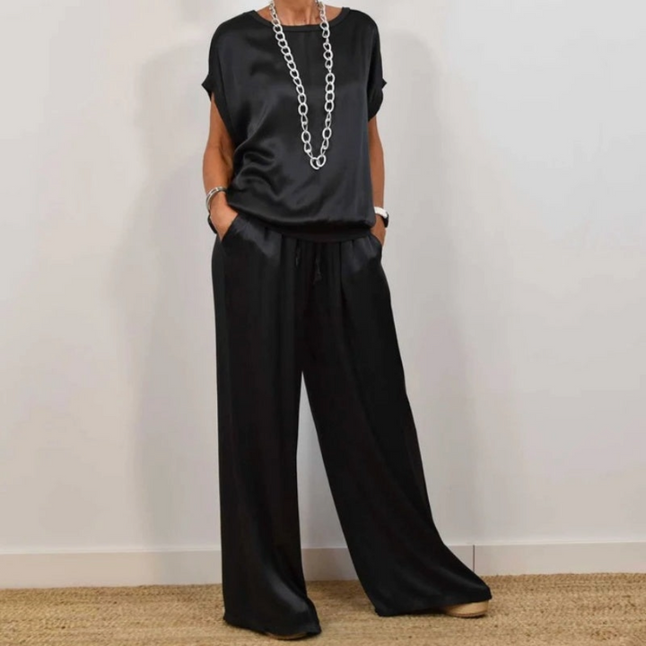 Nadine - Conjunto de top de satén y pantalón de pierna ancha