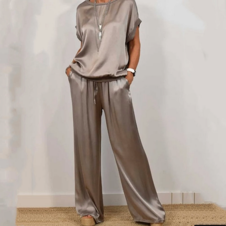 Nadine - Conjunto de top de satén y pantalón de pierna ancha