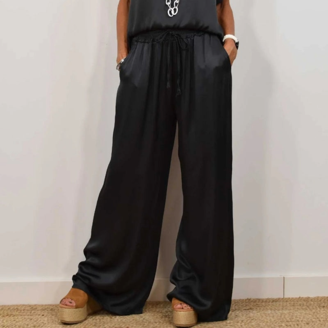 Nadine - Conjunto de top de satén y pantalón de pierna ancha