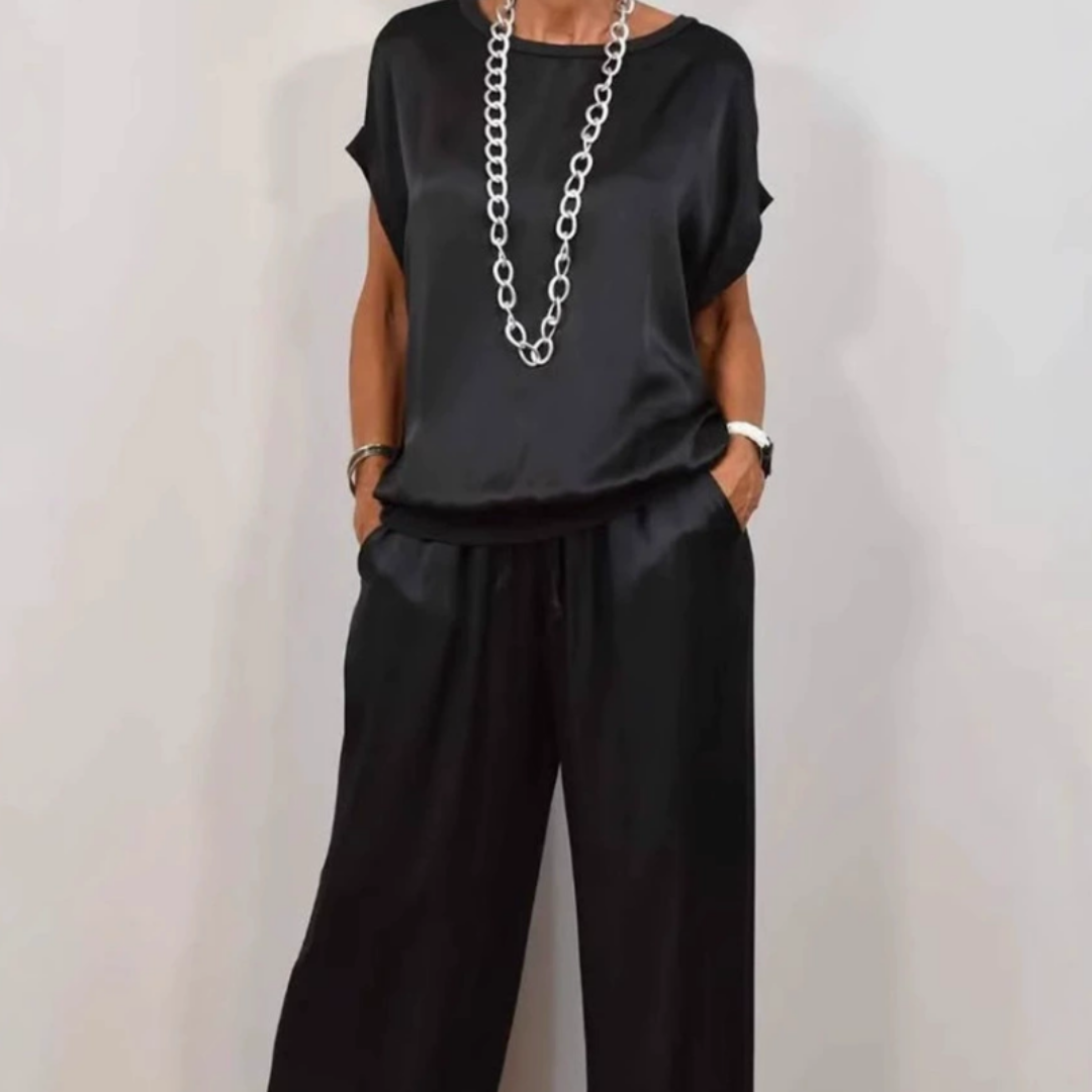 Nadine - Conjunto de top de satén y pantalón de pierna ancha