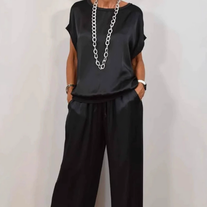 Nadine - Conjunto de top de satén y pantalón de pierna ancha