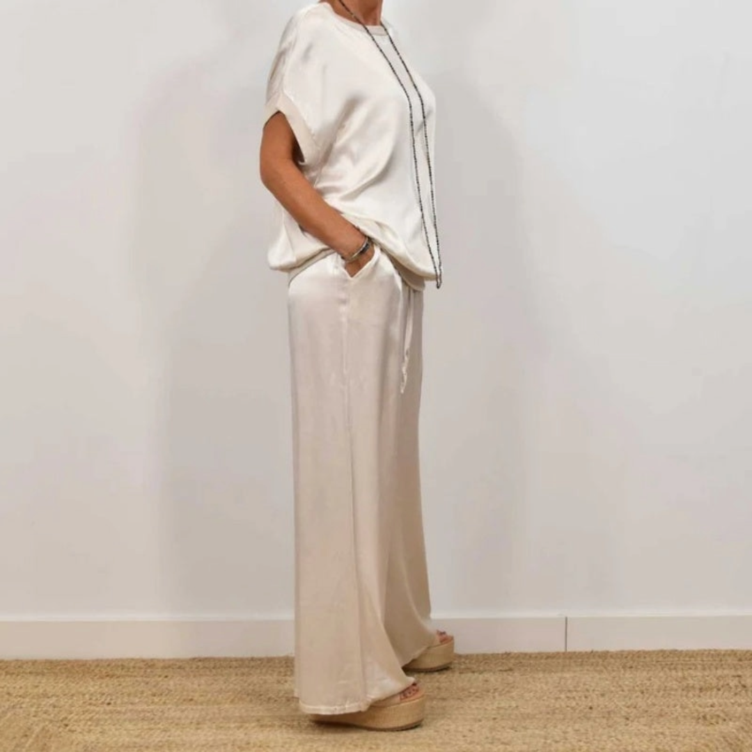 Nadine - Conjunto de top de satén y pantalón de pierna ancha
