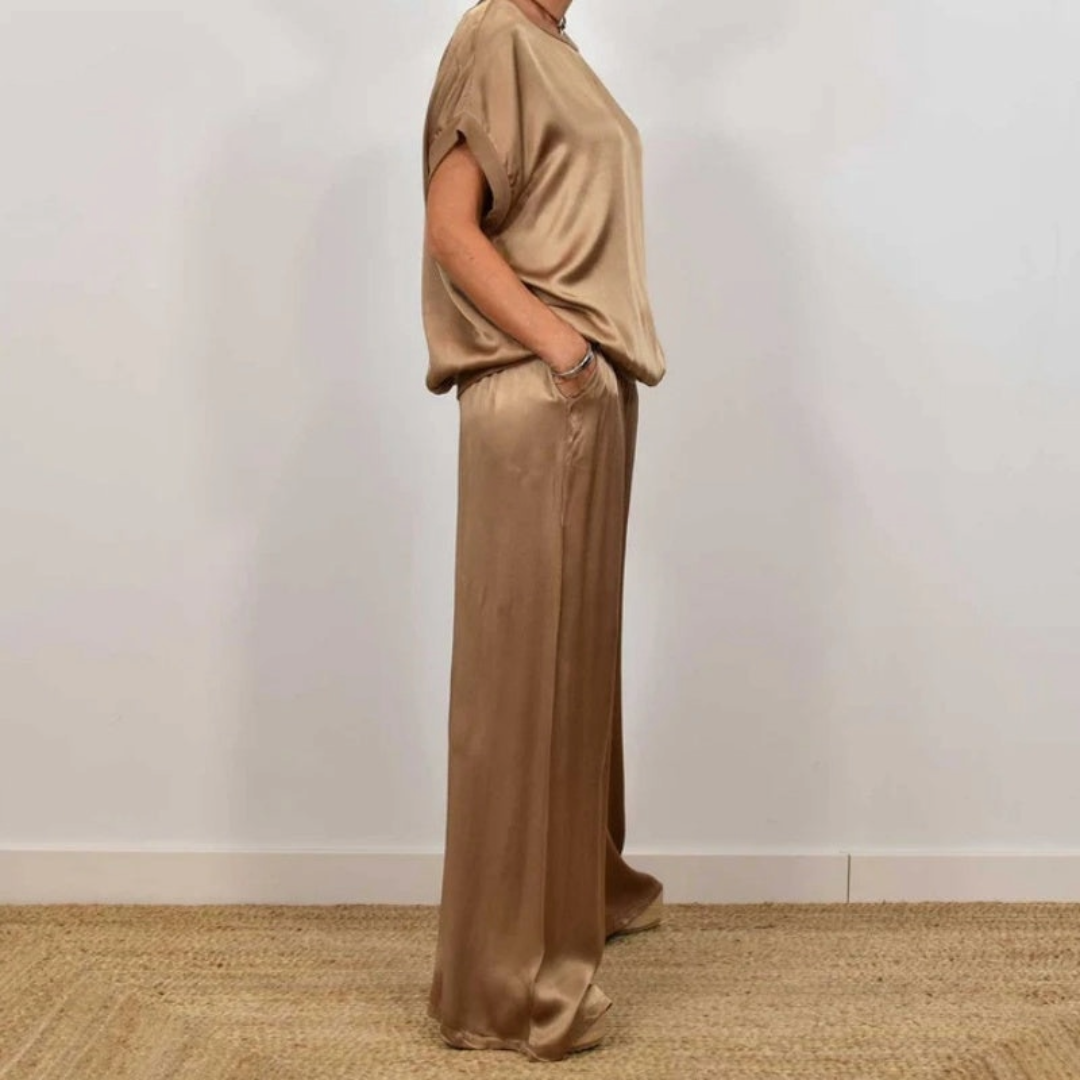 Nadine - Conjunto de top de satén y pantalón de pierna ancha