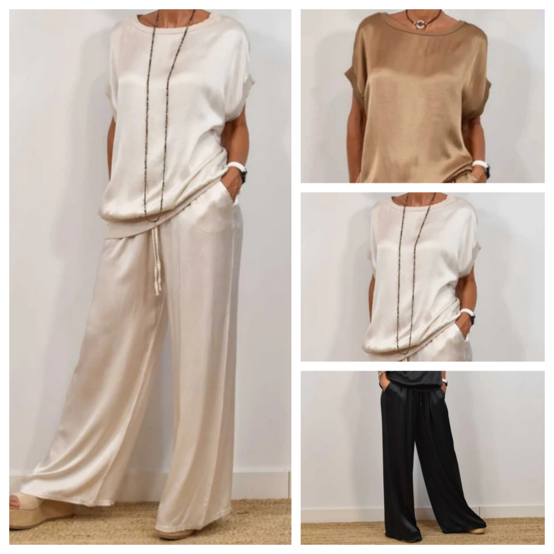 Nadine - Conjunto de top de satén y pantalón de pierna ancha