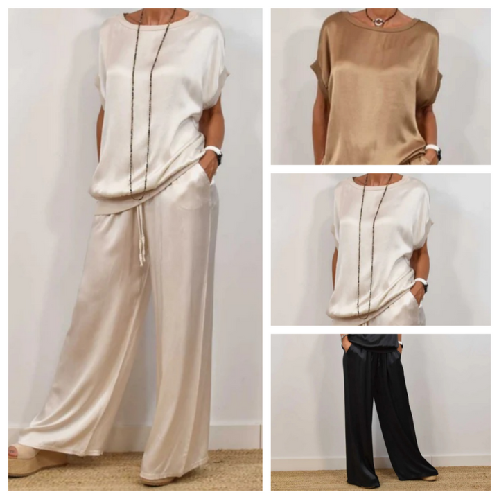 Nadine - Conjunto de top de satén y pantalón de pierna ancha