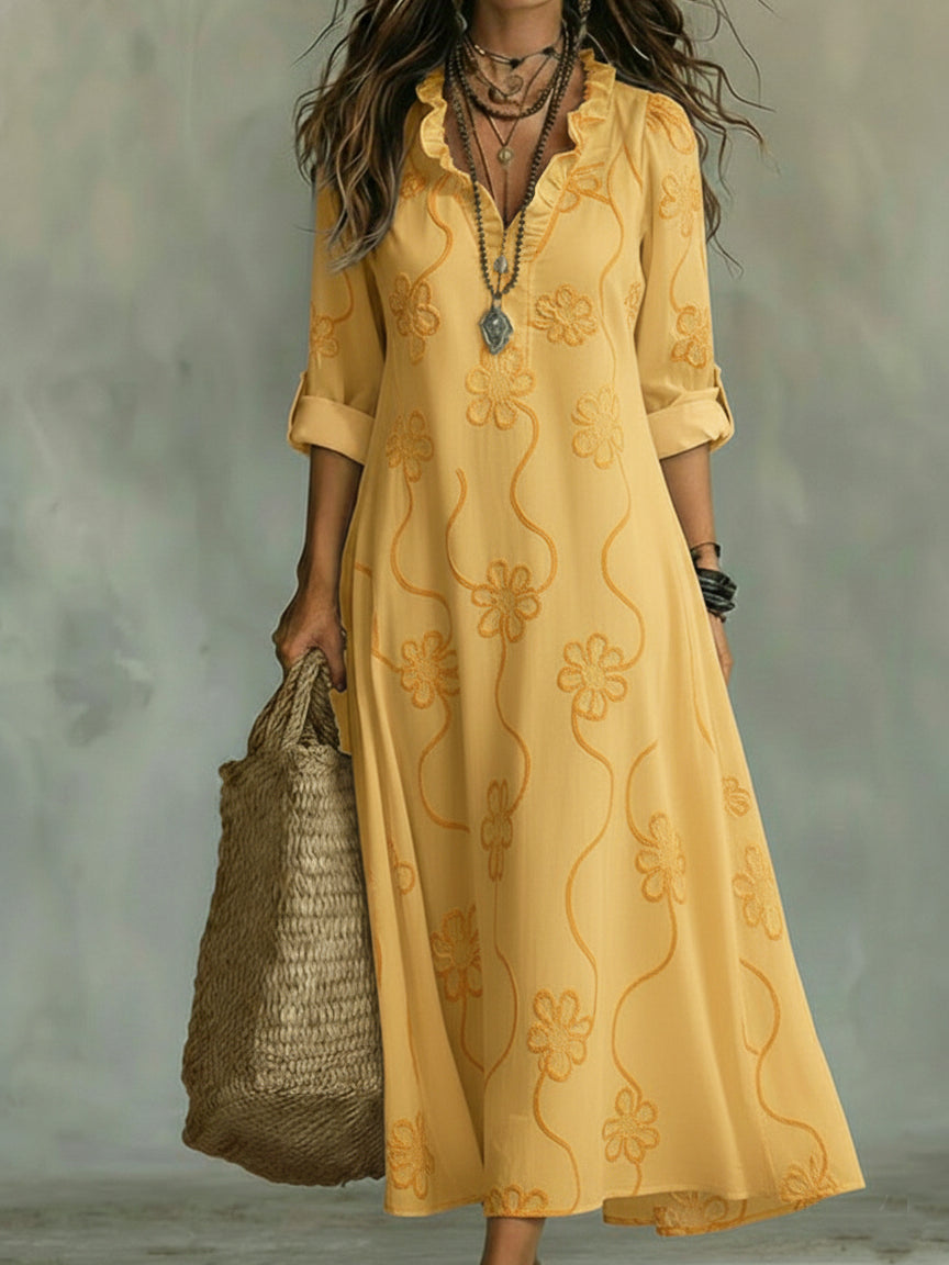 Kallie - Vestido maxi bordado con escote en V de corte casual