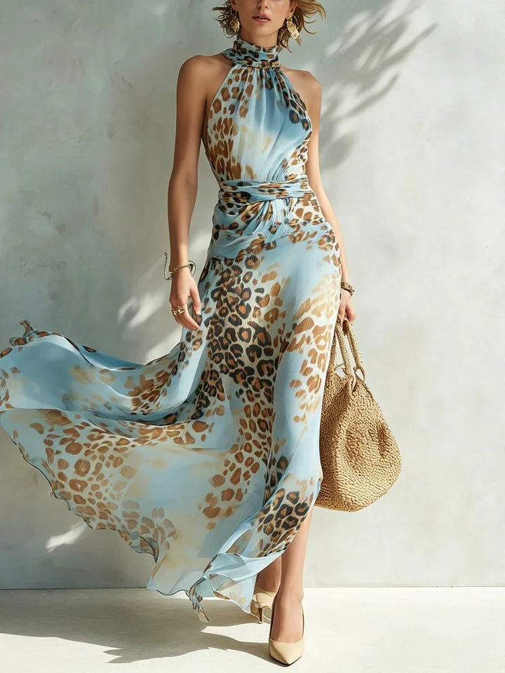 Eloria - Vestido maxi de leopardo con cuello halter transparente