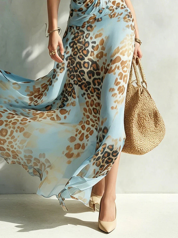 Eloria - Vestido maxi de leopardo con cuello halter transparente