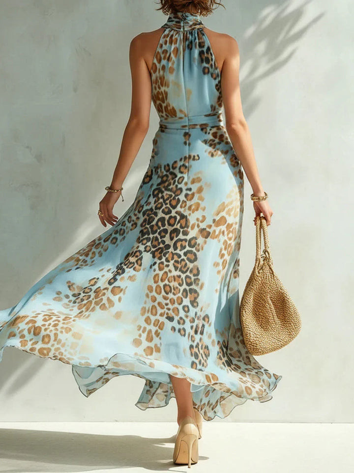 Eloria - Vestido maxi de leopardo con cuello halter transparente