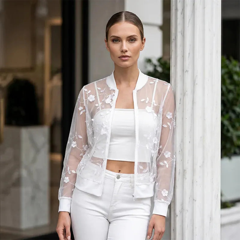 Aderisse - Cárdigan transparente floral con cierre