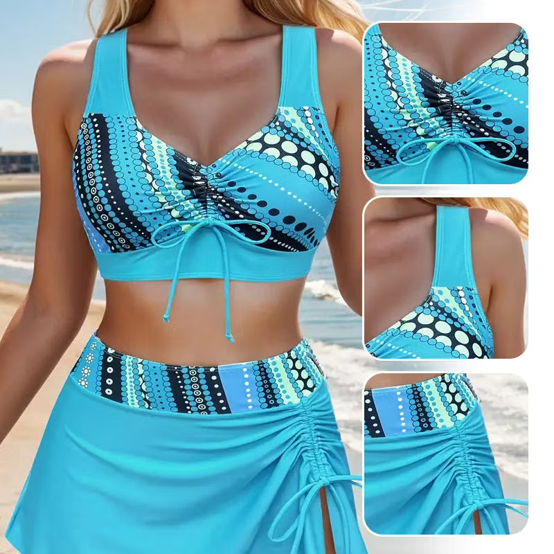 Xena - Conjunto de bikini con falda, frente anudado y fruncido