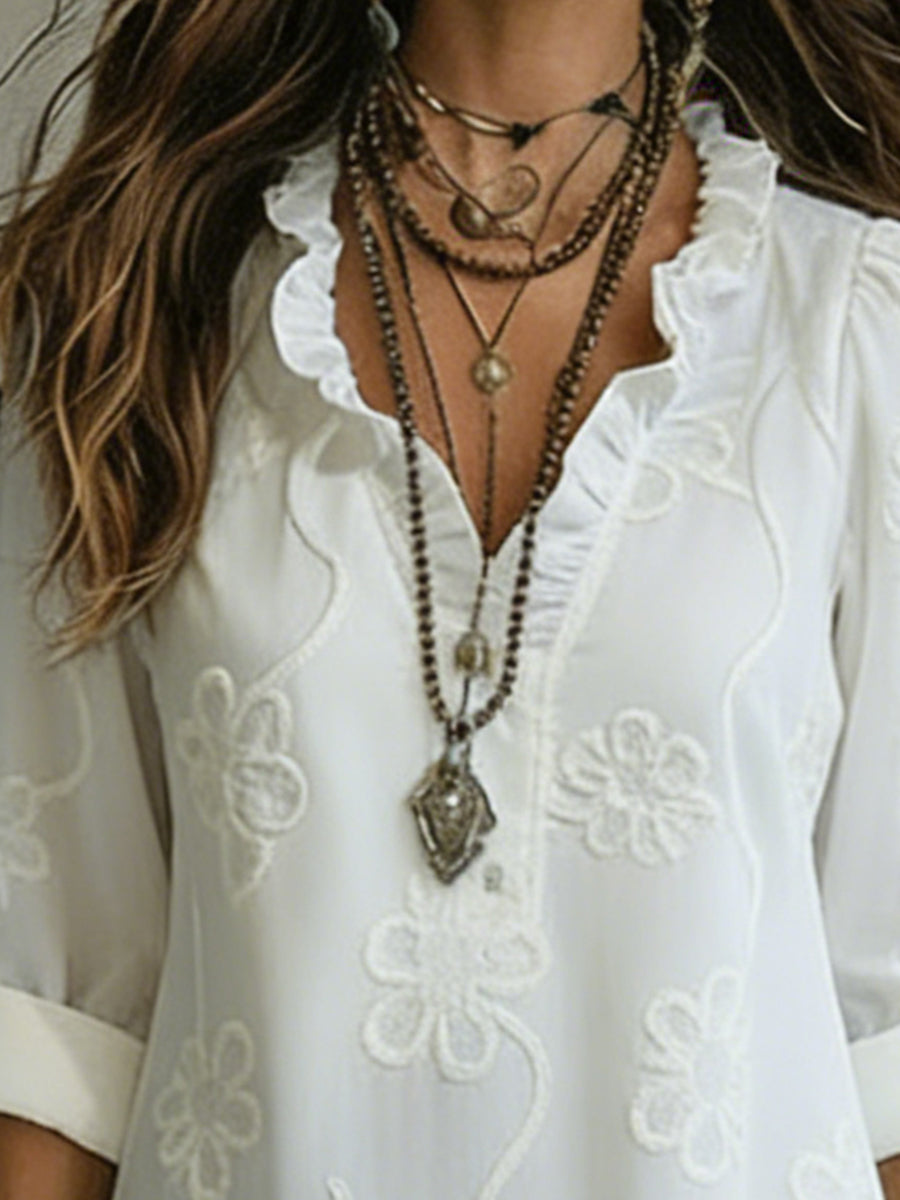 Kallie - Vestido maxi bordado con escote en V de corte casual