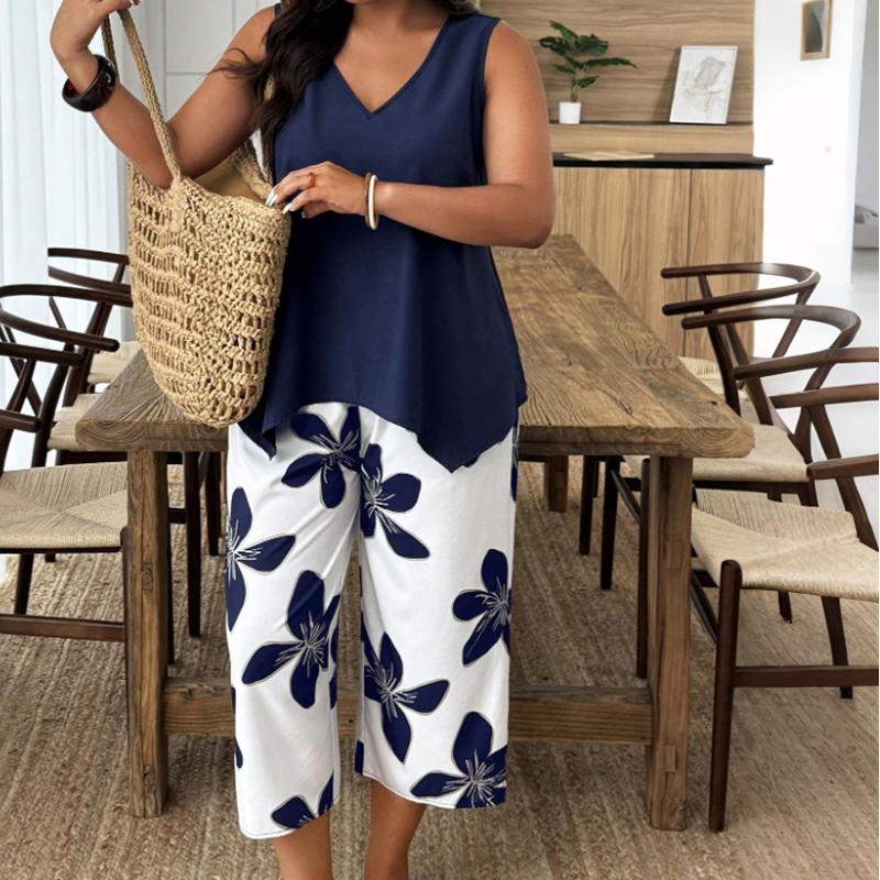 Marissa - Top asimétrico de tacto suave y conjunto capri floral