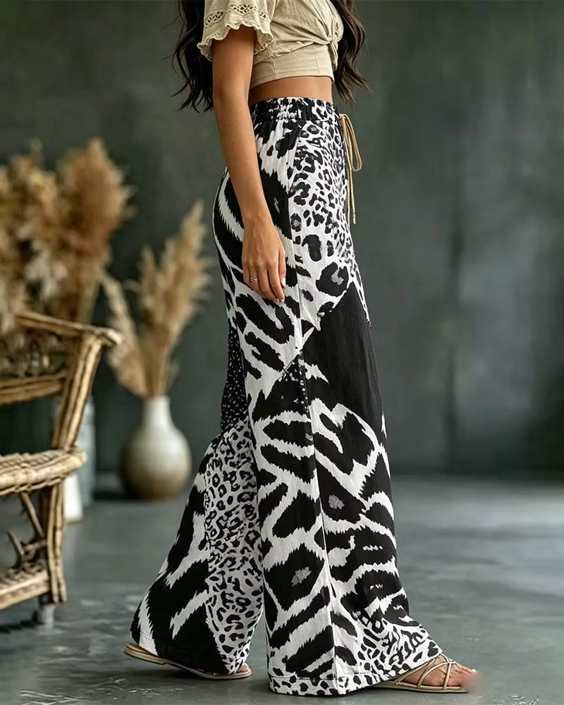Elfrida - Pantalón de pierna ancha con parche de leopardo, suave al tacto