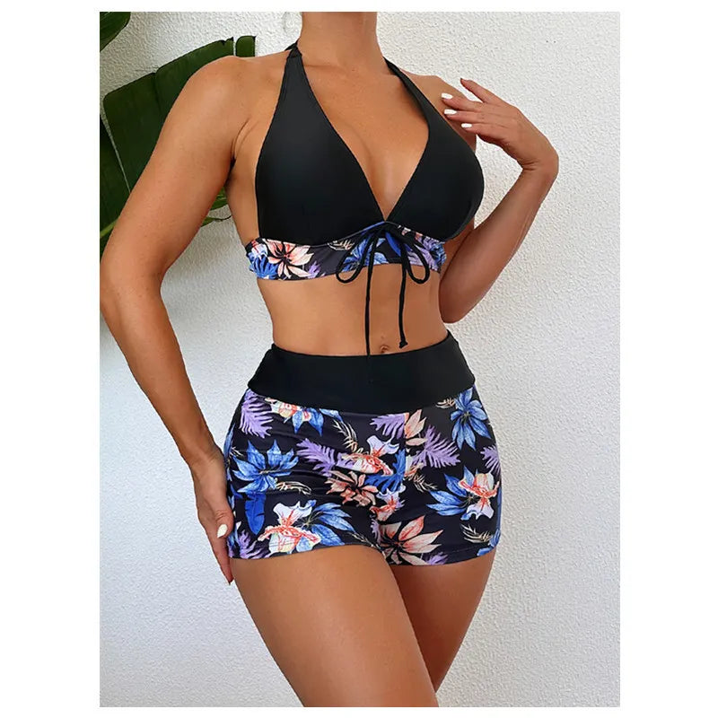 Zenaida - Conjunto de bikini con panty tipo short y top halter floral