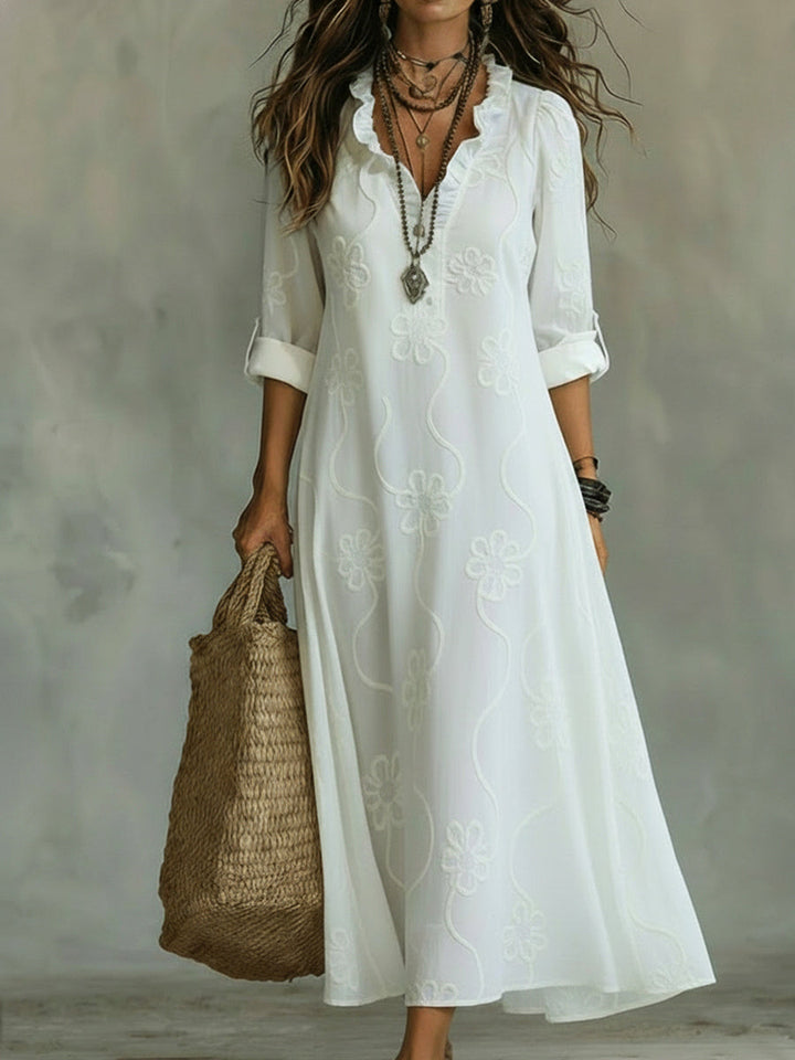 Kallie - Vestido maxi bordado con escote en V de corte casual