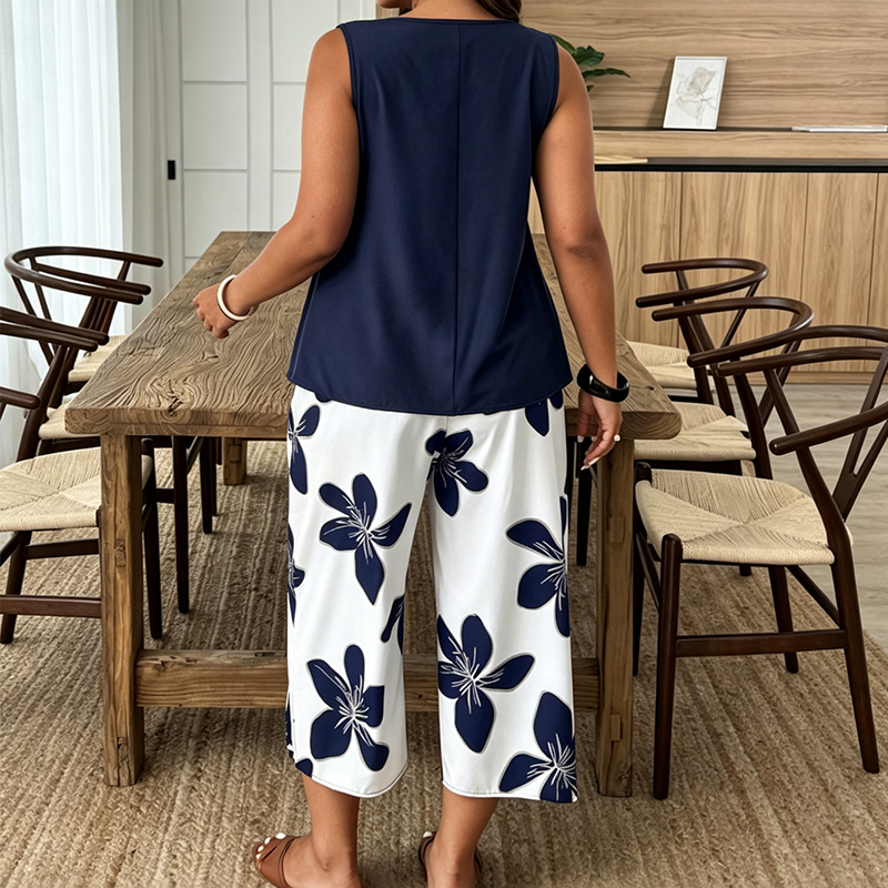 Marissa - Top asimétrico de tacto suave y conjunto capri floral