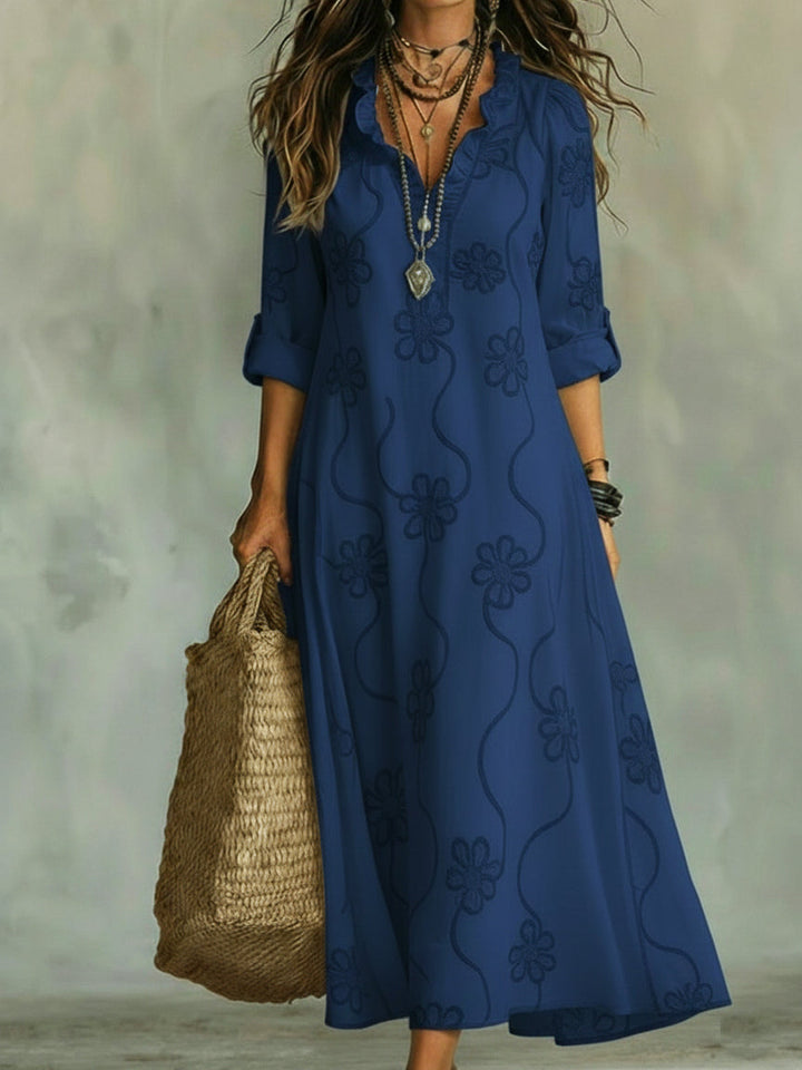 Kallie - Vestido maxi bordado con escote en V de corte casual