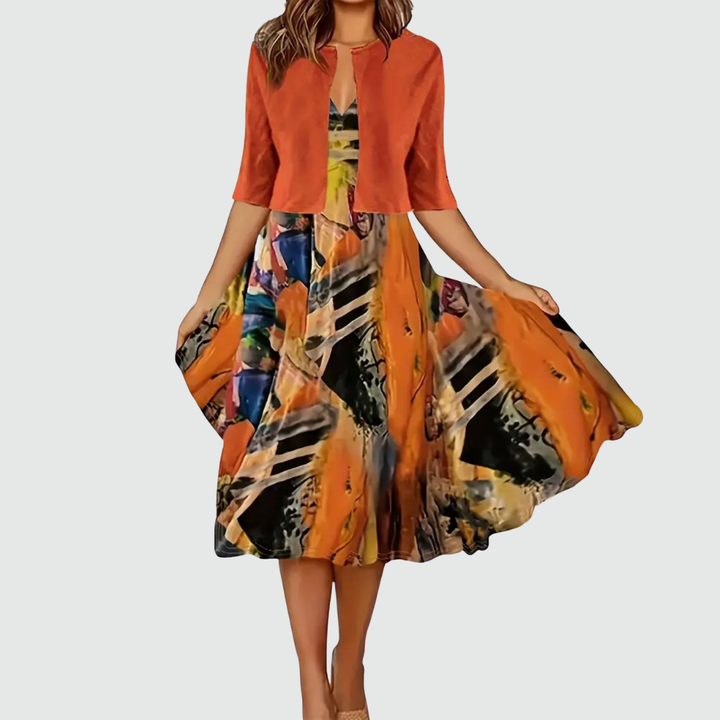 Phaeline - Conjunto de vestido midi estampado y cárdigan