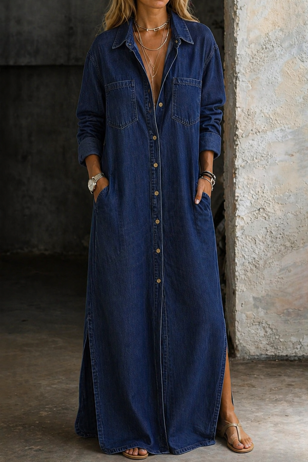 Sylvera - Vestido camisero maxi premium