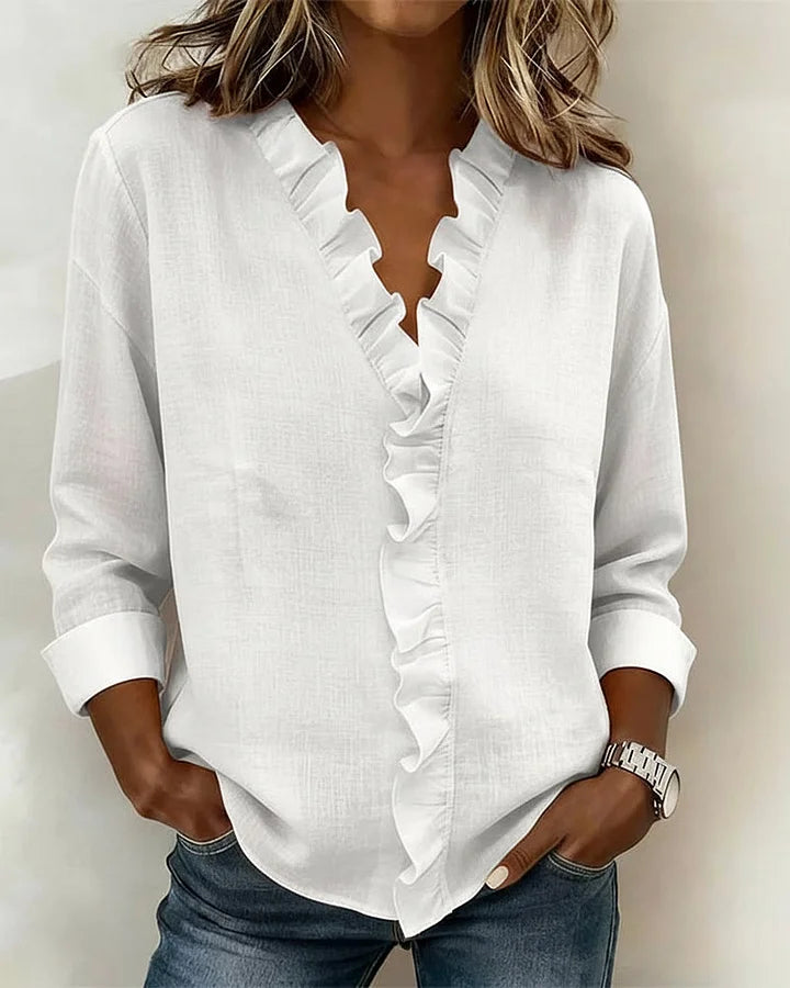 Brinae - Blusa de manga larga con holanes y escote en V de tacto suave