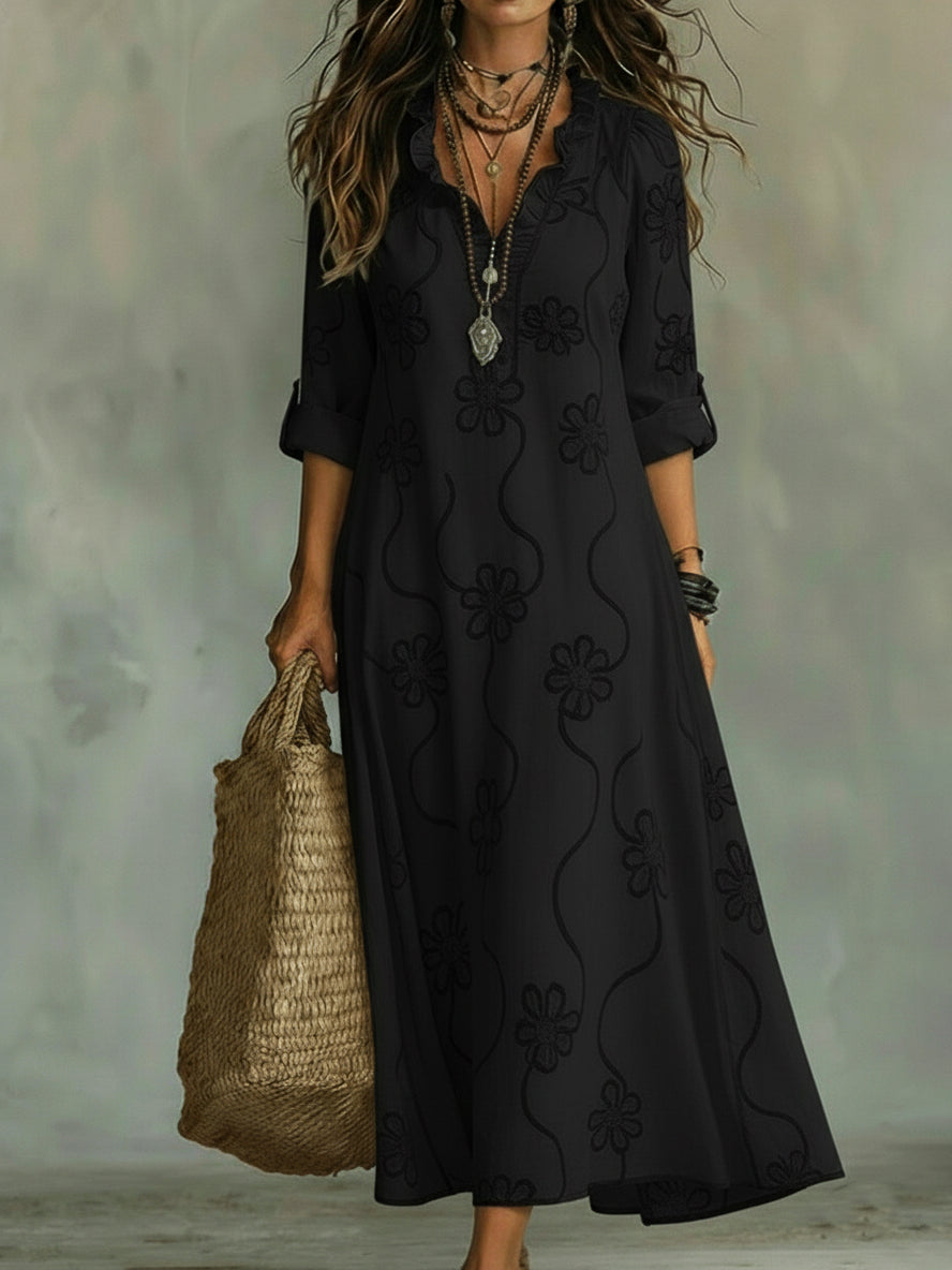 Kallie - Vestido maxi bordado con escote en V de corte casual