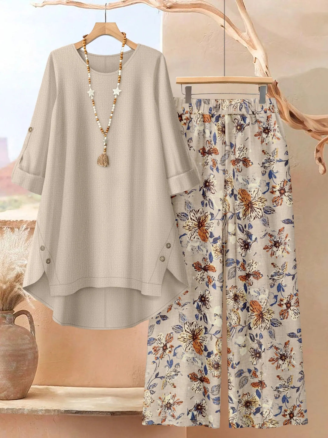 Rosette - Conjunto de túnica estilo capa ligera y pantalón de pierna ancha