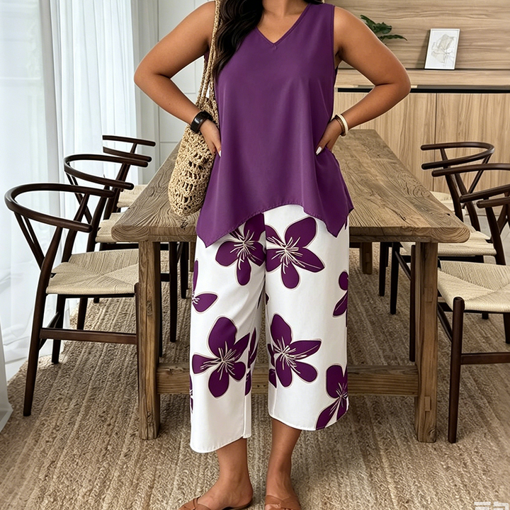 Marissa - Top asimétrico de tacto suave y conjunto capri floral