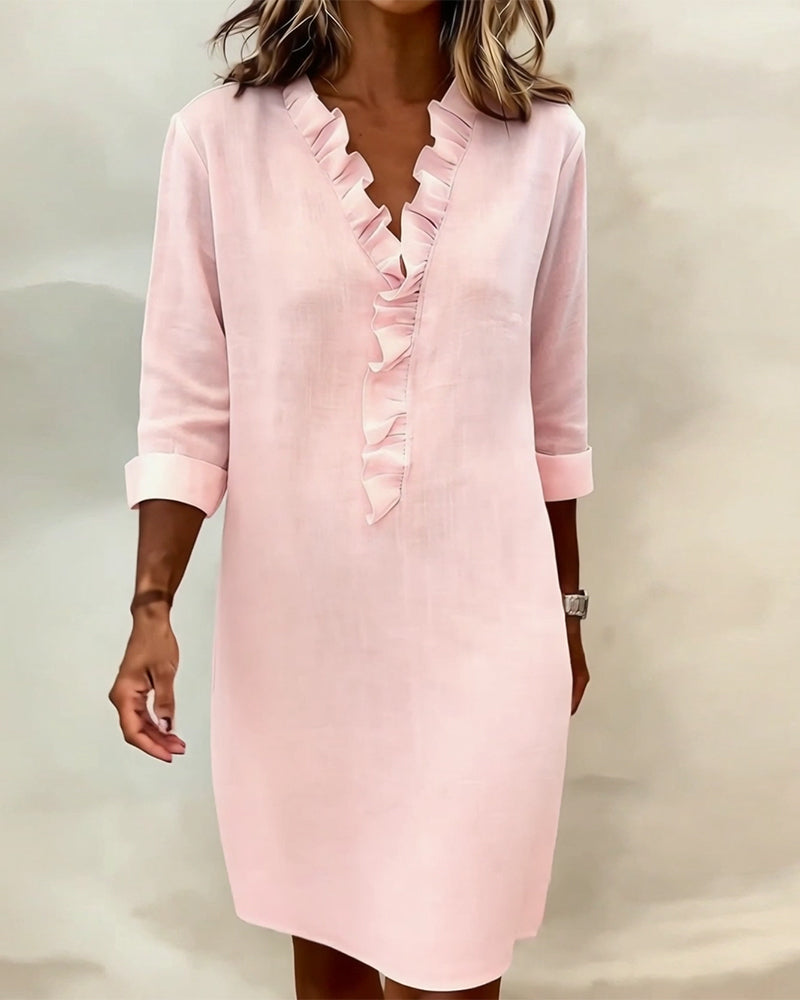 Dorelle - Vestido recto con holanes en mezcla de lino fresca