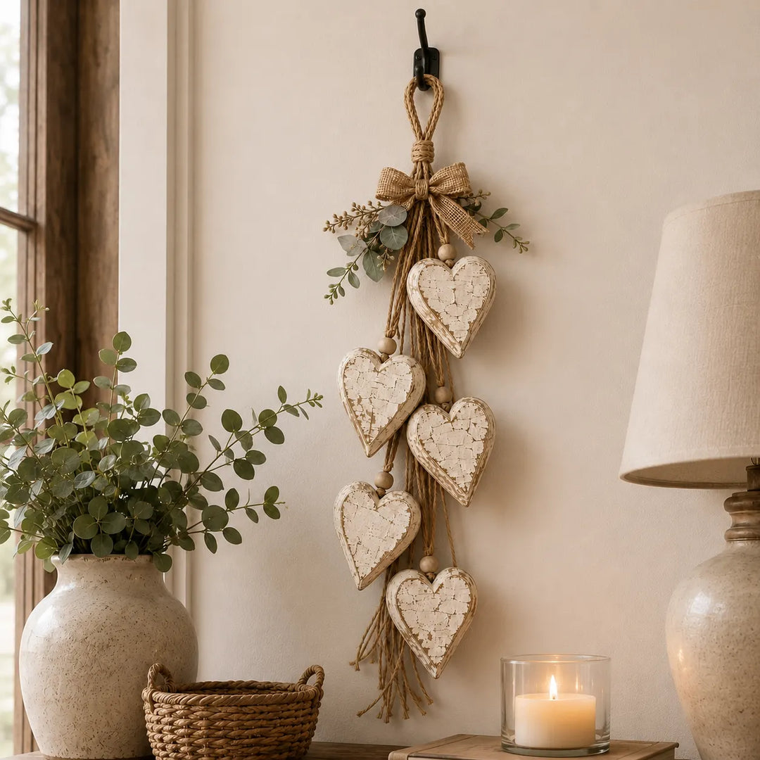 Alinora - Colgante de pared con borlas de corazón en acabado envejecido