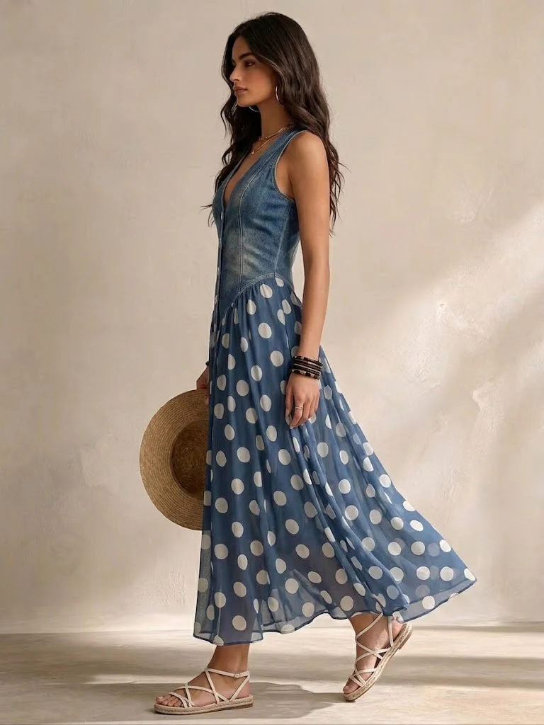 Ameliora - Vestido de lunares de materiales mixtos