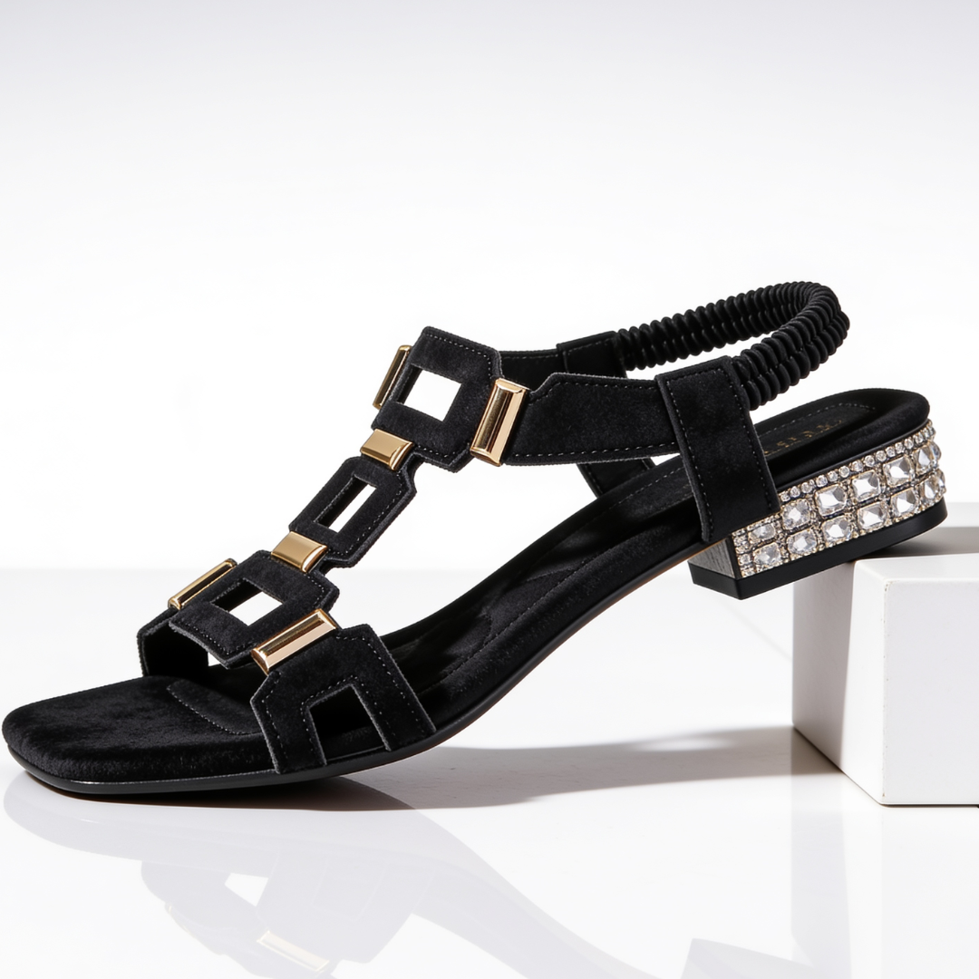 Marcella - Sandalias de tacón ancho con correa trasera y aplicaciones de cristal