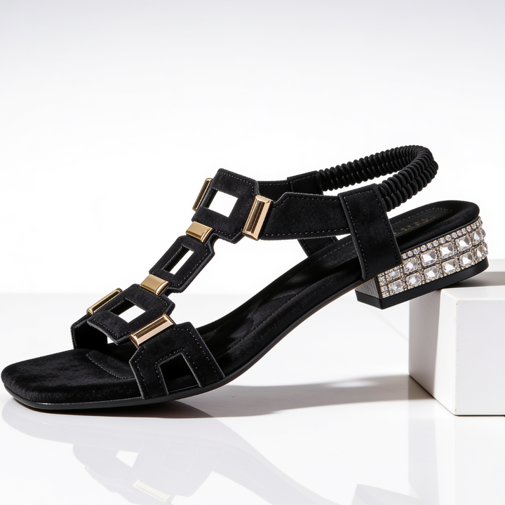 Marcella - Sandalias de tacón ancho con correa trasera y aplicaciones de cristal