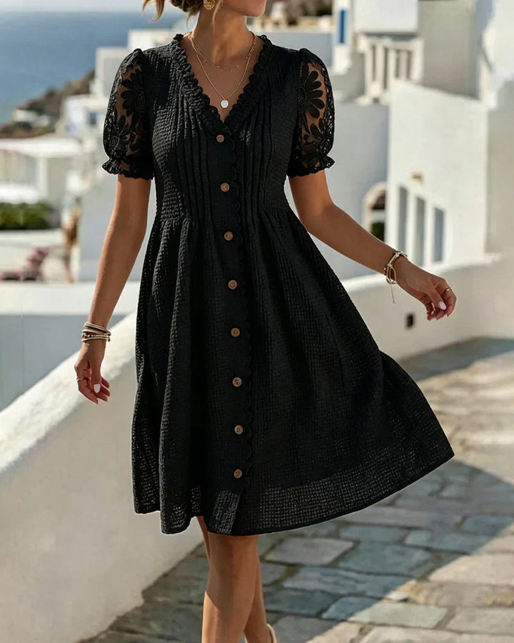 Emmara - Vestido premium de patchwork con mangas abullonadas