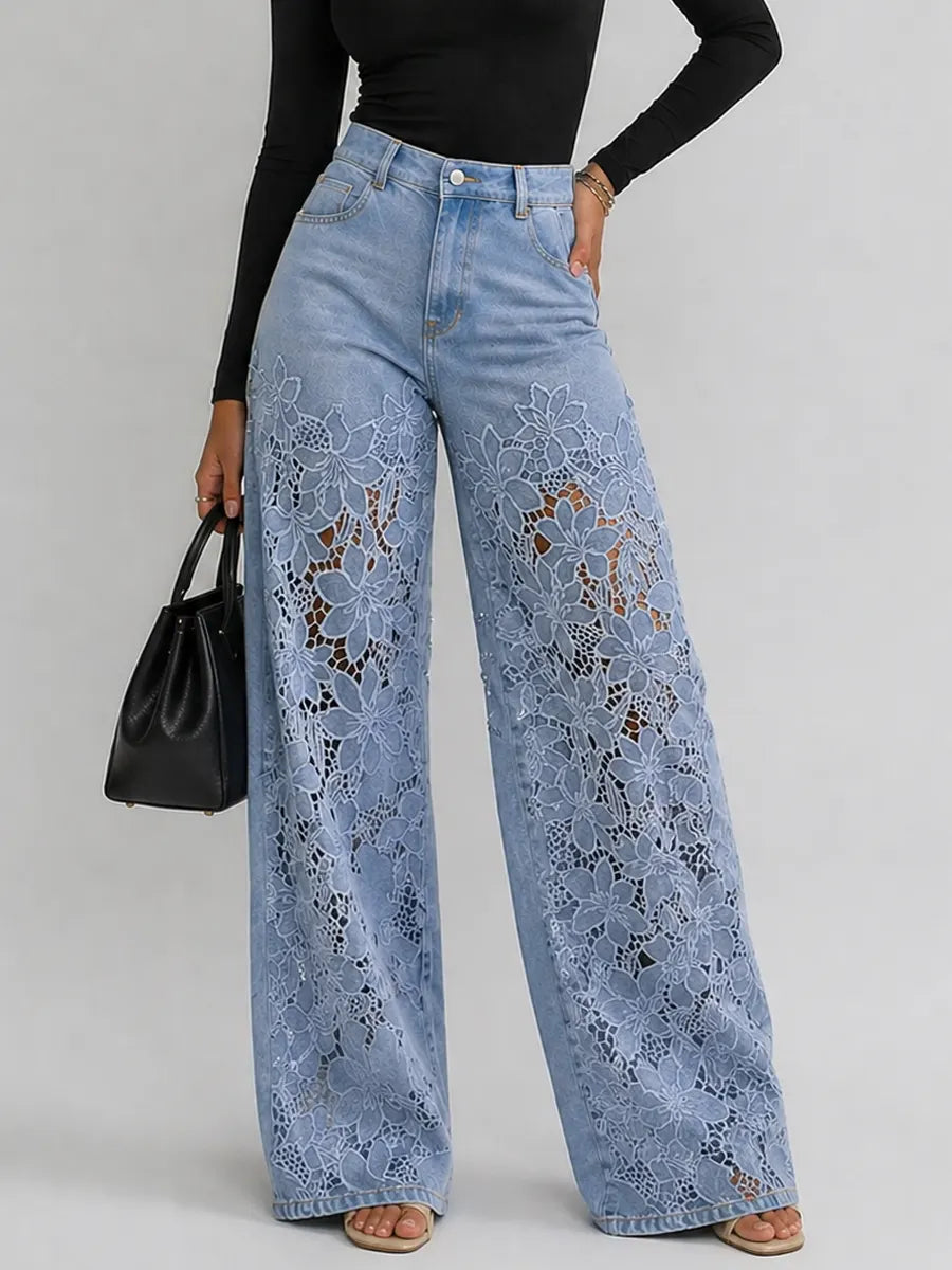 Kaliora - Jeans de pierna ancha con encaje floral