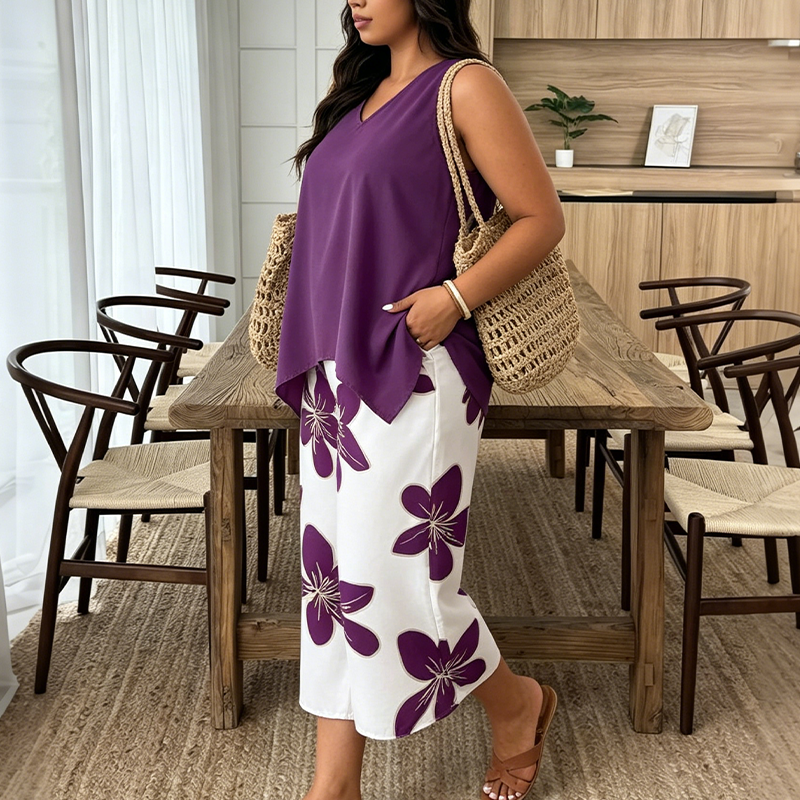 Marissa - Top asimétrico de tacto suave y conjunto capri floral