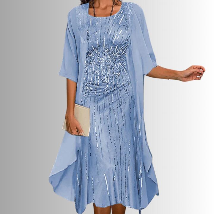 Delavelle - Conjunto elegante de vestido midi con capas