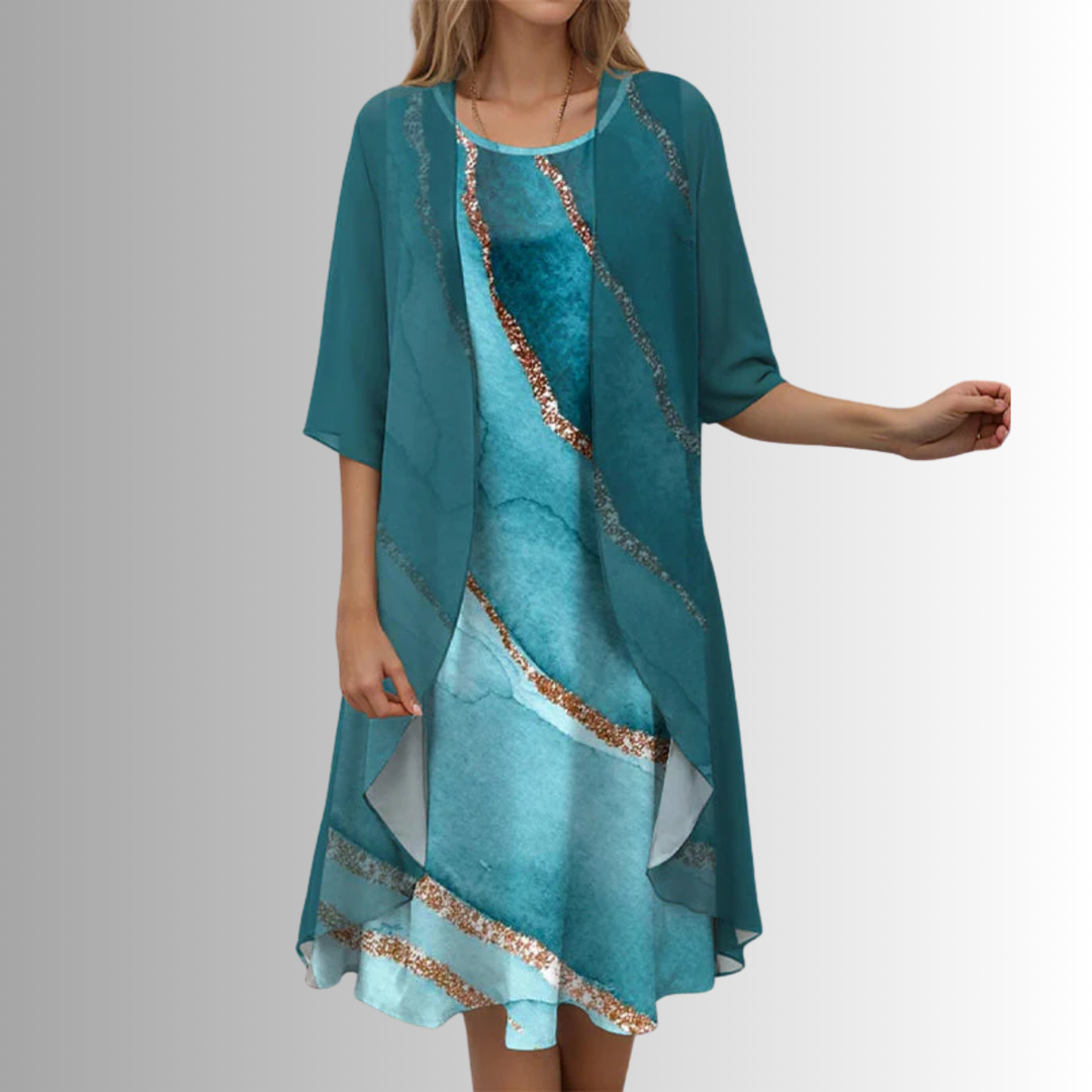 Delavelle - Conjunto elegante de vestido midi con capas