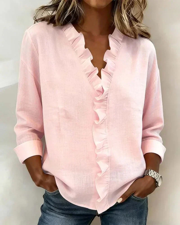 Brinae - Blusa de manga larga con holanes y escote en V de tacto suave