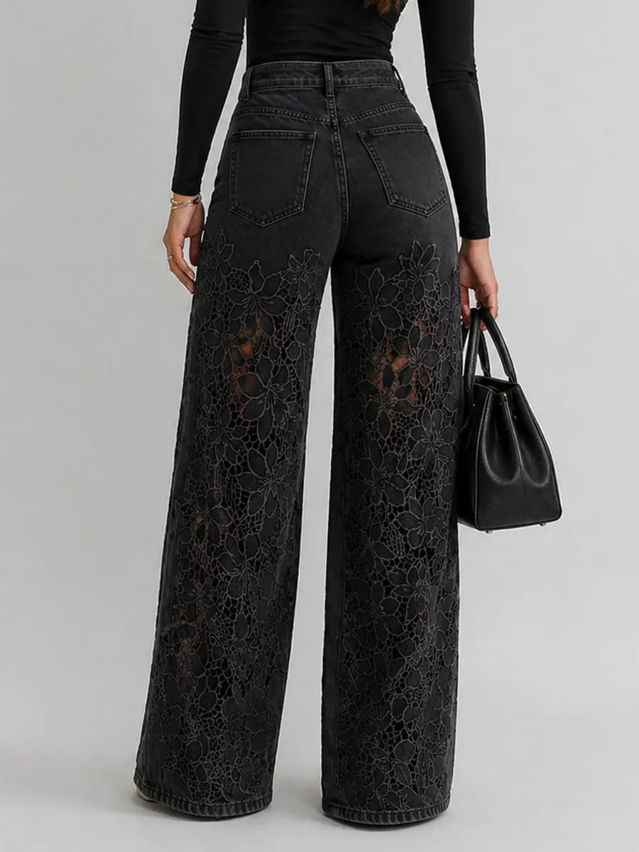 Kaliora - Jeans de pierna ancha con encaje floral