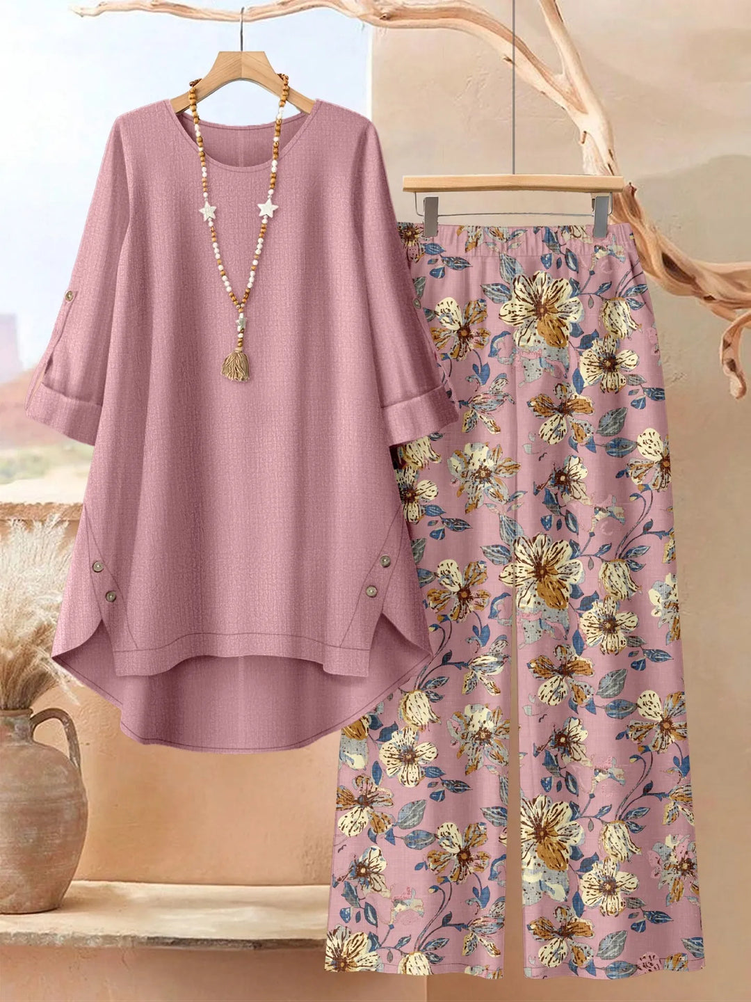 Rosette - Conjunto de túnica estilo capa ligera y pantalón de pierna ancha