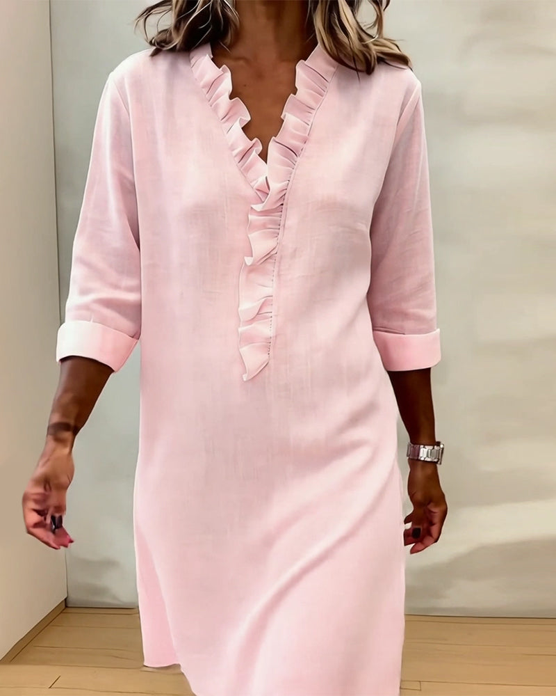 Dorelle - Vestido recto con holanes en mezcla de lino fresca