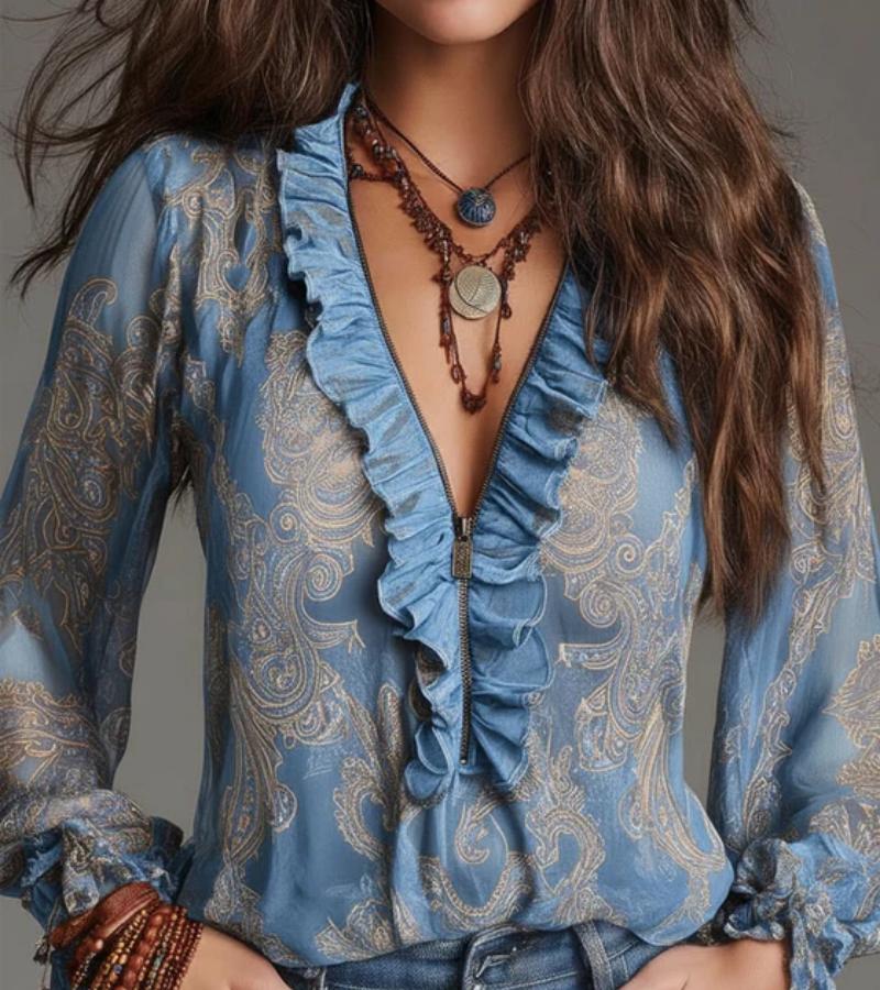 Taviana - Blusa con cierre al frente y holanes, suave al tacto