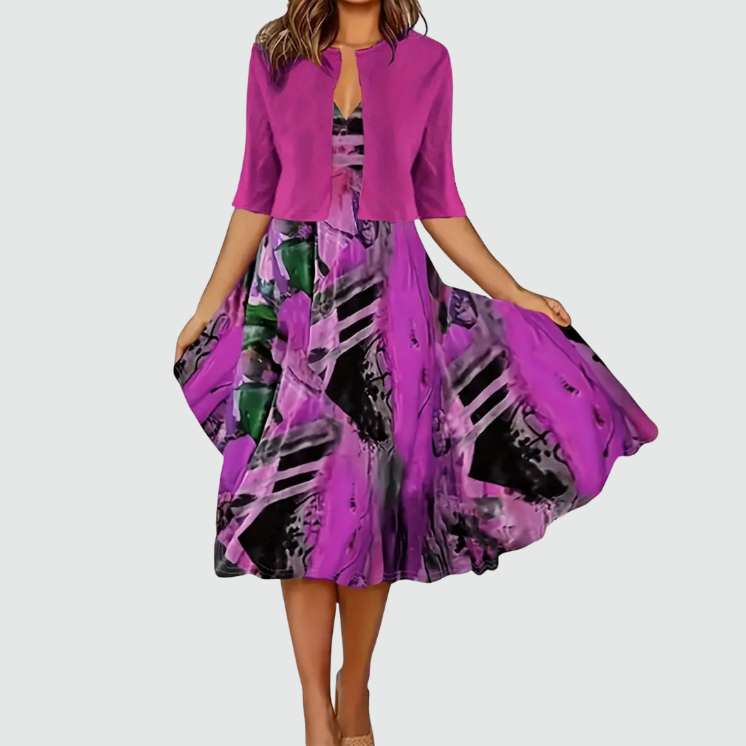 Phaeline - Conjunto de vestido midi estampado y cárdigan