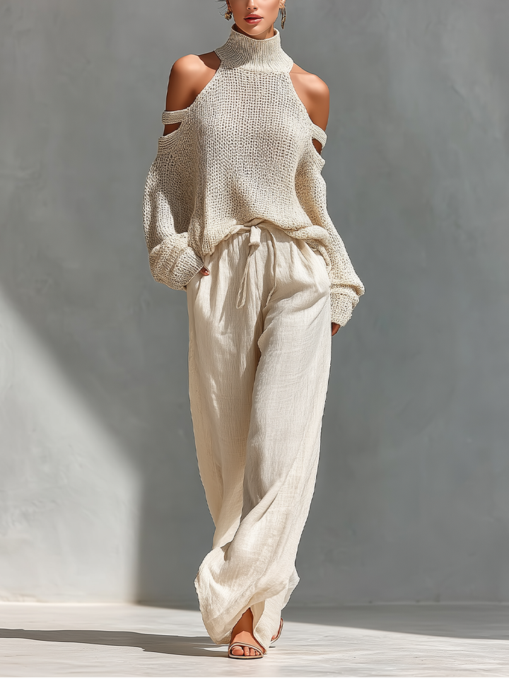 Diorelle - Conjunto de top de punto y pantalón de pierna ancha