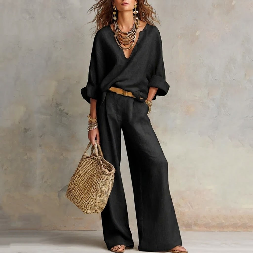 Zelora - Conjunto de top ligero con escote en V y pantalón de pierna ancha