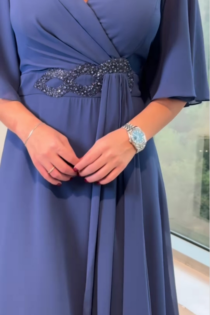 Celinette - Vestido Largo de Chiffon con Cintura de Cristal
