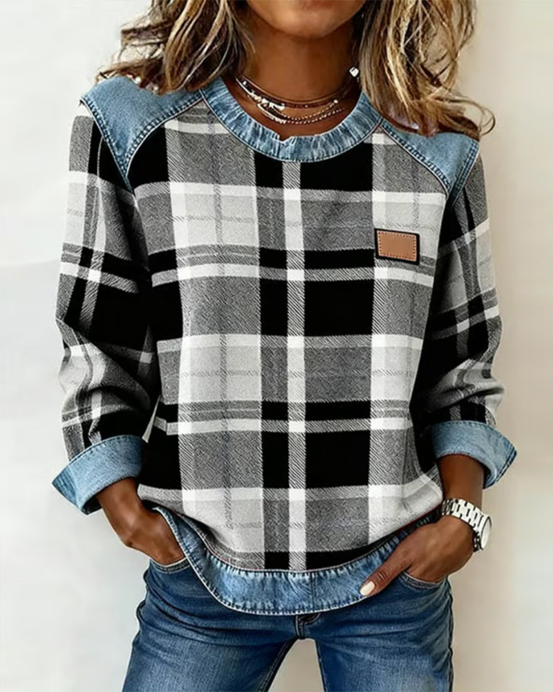 Adair - Sudadera casual de cuello redondo a cuadros
