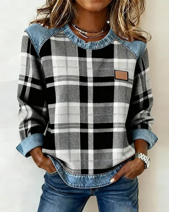 Adair - Sudadera casual de cuello redondo a cuadros