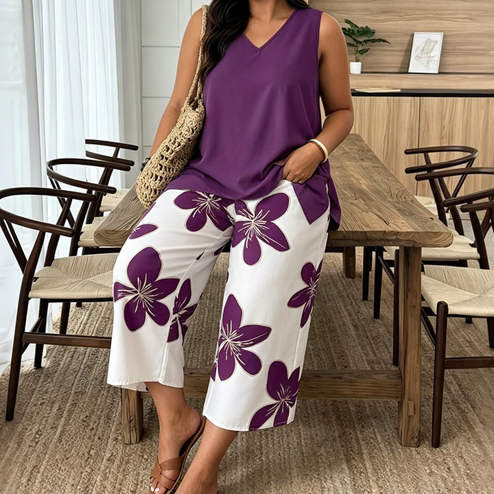 Marissa - Top asimétrico de tacto suave y conjunto capri floral